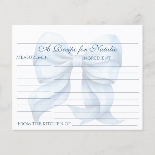 Personalisierte Blue Bow Brautparty Rezept Card (Vorderseite)