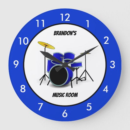 Personalisierte Blue Drum Set Musik Große Uhr (Vorderseite)