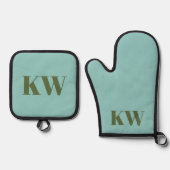 Personalisierte Blue Green Monogram Initials Ofenhandschuh & Topflappen-Set (Vorderseite)