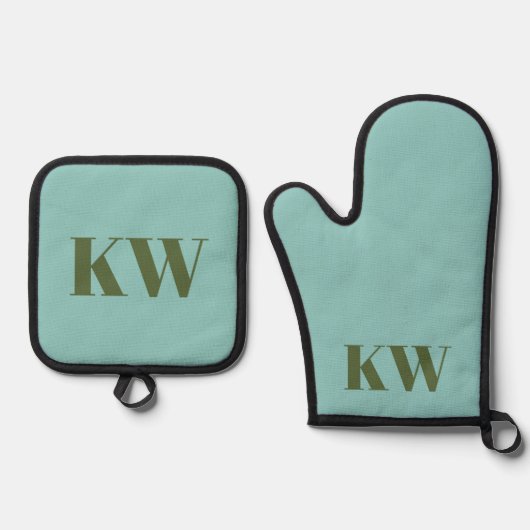Personalisierte Blue Green Monogram Initials Ofenhandschuh & Topflappen-Set (Vorderseite)