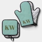 Personalisierte Blue Green Monogram Initials Ofenhandschuh & Topflappen-Set (Vorderseite/Rückseite)