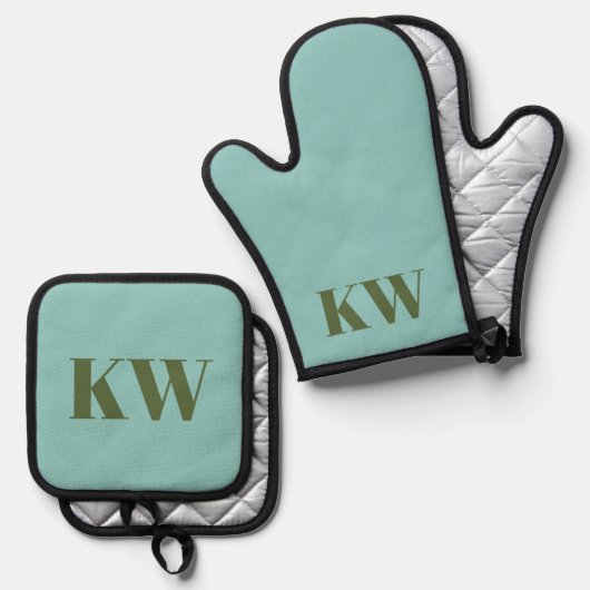 Personalisierte Blue Green Monogram Initials Ofenhandschuh & Topflappen-Set (Vorderseite/Rückseite)