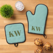 Personalisierte Blue Green Monogram Initials Ofenhandschuh & Topflappen-Set (Oben Unten)