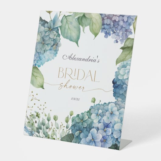 Personalisierte Blue Hydrangeas Hochzeitsparty Sockelschild (Vorderseite)