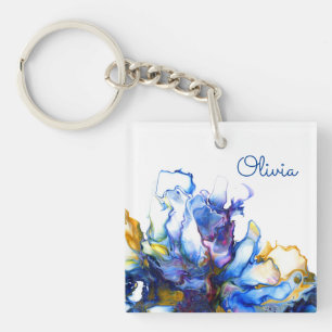 Personalisierte Blue Marble Agate Fluid Art Name Schlüsselanhänger