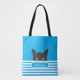 Personalisierte Blue Stripe Peeking Black Cat Tasche