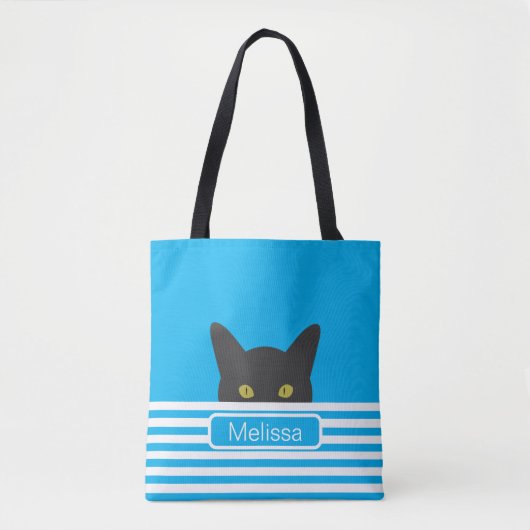 Personalisierte Blue Stripe Peeking Black Cat Tasche (Vorderseite)