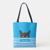 Personalisierte Blue Stripe Peeking Black Cat Tasche (Rückseite)
