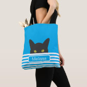 Personalisierte Blue Stripe Peeking Black Cat Tasche (Von Nahem)