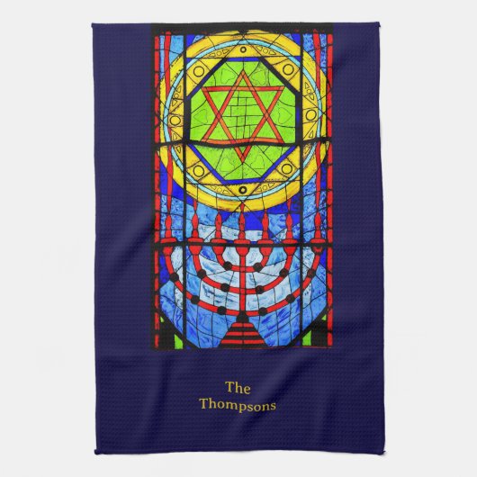 Personalisierte Blues Reds Yellows Hanukkah Geschirrtuch (Vertikal)