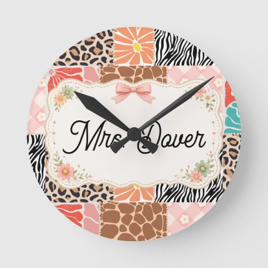 Personalisierte Blumen-Patchwork-Lehrerrund Uhr (Vorderseite)