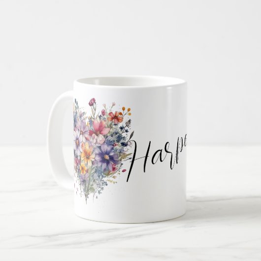 Personalisierte blumengeschmückte Tasse mit Namen (Vorderseite Links)