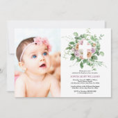 Personalisierte Blumenkreuz Foto Taufe Einladung (Vorderseite)