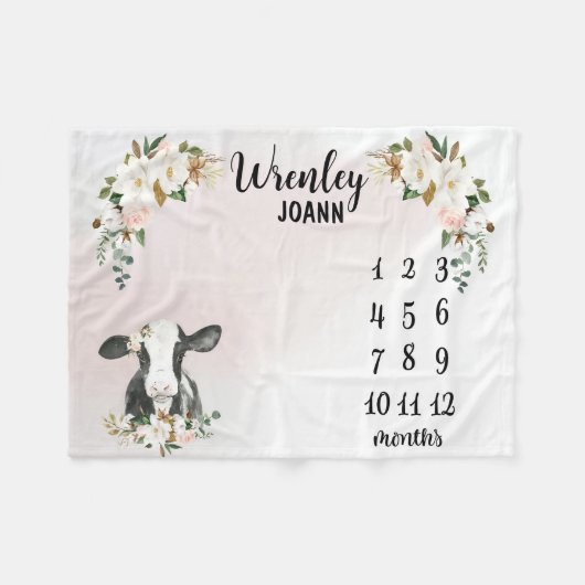 Personalisierte Blumenkuh Monatlicher Meilenstein Fleecedecke (Vorderseite (Horizontal))
