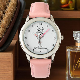 Personalisierte Blumenrosa-Kuh für Mädchen Armbanduhr