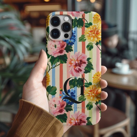 Personalisierte Blumenstreifen-Monogramm Case-Mate iPhone Hülle