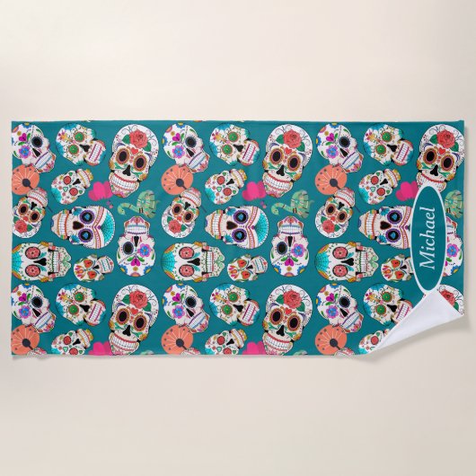 Personalisierte Boho Sugar Skulls Strandtuch (Vorderseite)