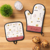 Personalisierte Boho-Wildblume  Ofenhandschuh & Topflappen-Set (Oben Unten)