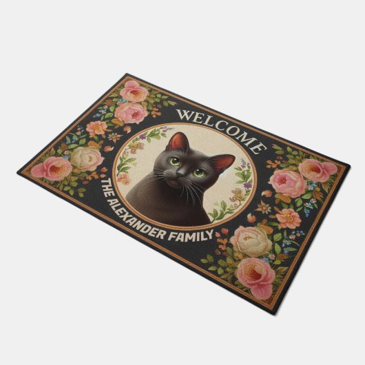 Personalisierte Bombay Cat, florale Kitten Willkom Fußmatte (Schrägansicht)
