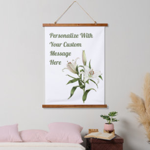 Personalisierte botanische Kunst der Weißen Lilie Wandteppich Mit Holzrahmen