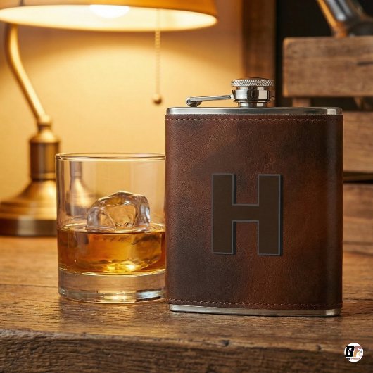 Personalisierte braune Leder-Hüftmonogramm-Initial Flachmann