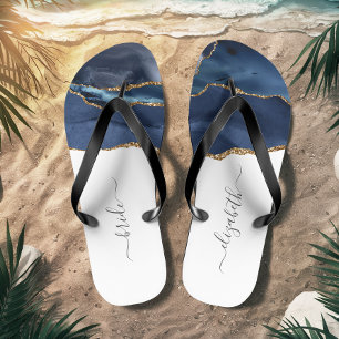 Personalisierte Braut Blau Gold Achat Hochzeit Badesandalen
