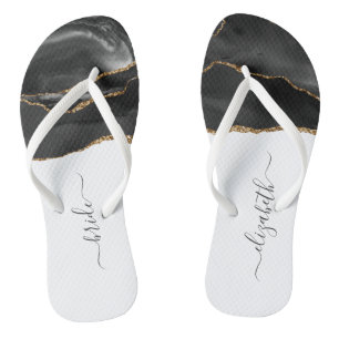 Personalisierte Braut Schwarz Gold Achat Hochzeit Badesandalen