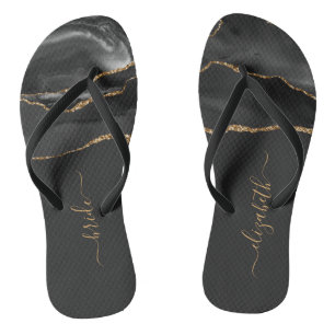 Personalisierte Braut Schwarz Gold Achat Hochzeit Badesandalen