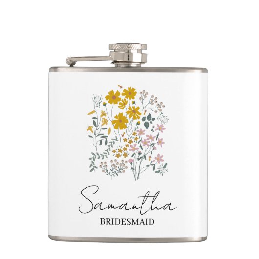 Personalisierte Brautjungfer-Blumen-Frauen-Hochzei Flachmann (Vorderseite)