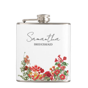 Personalisierte Brautjungfer Rote Florale Hochzeit Flachmann