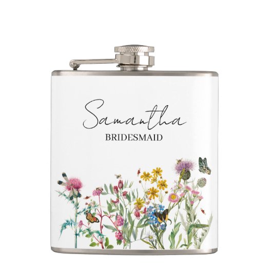 Personalisierte Brautjungfer-Wildblumen-Hochzeit Flachmann (Vorderseite)