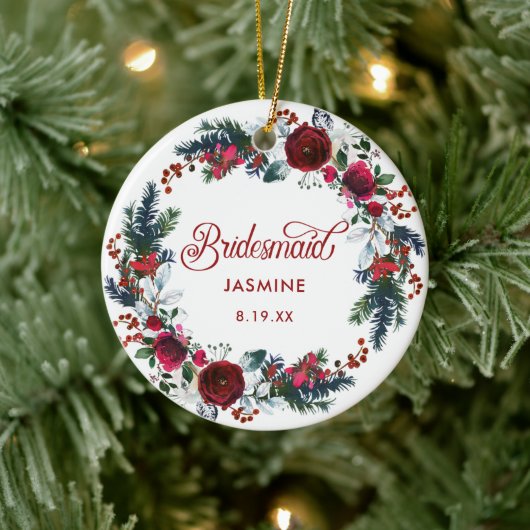 Personalisierte Bridesmaid Gift Holiday Floral Wre Keramik Ornament (Baum)