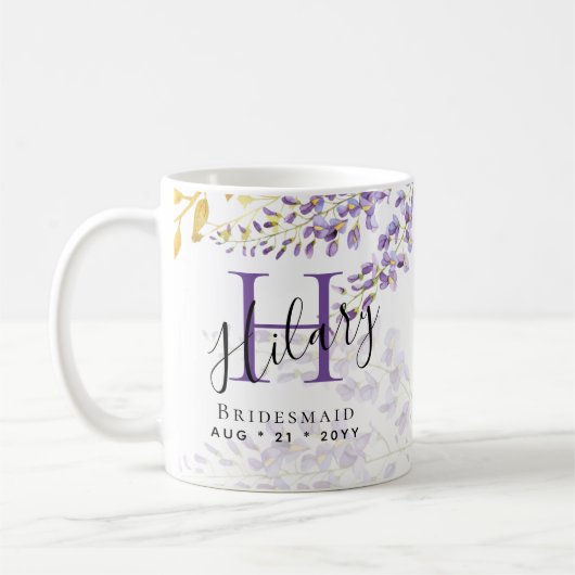 Personalisierte Bridesmaid Lila WISTERIA Monogramm Kaffeetasse (Links)