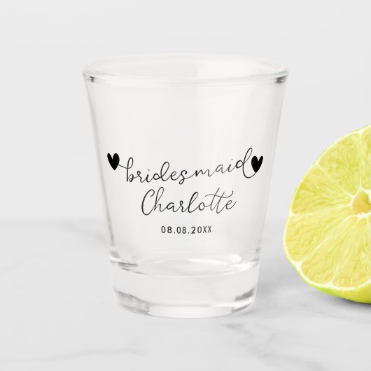 Personalisierte Bridesmaid-Skriptname Datum Gesche Schnapsglas (Vorderseite)
