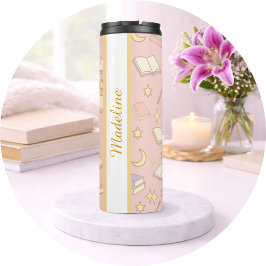 Personalisierte Buch-Magie-Zeit Rosa Name Thermosbecher