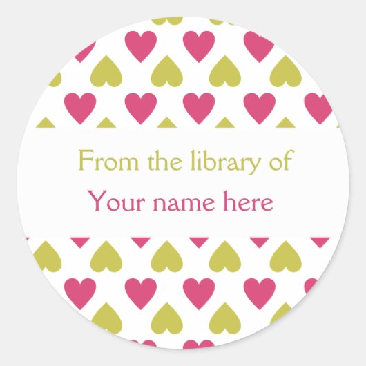 Personalisierte Buchzeichen|Rosa grüne Herzen Runder Aufkleber (Vorderseite)
