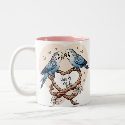 Personalisierte Budgie Couple Heart Rope Tasse (Links)