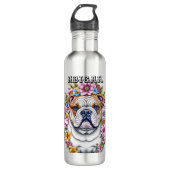 Personalisierte Bulldog und Whimsikäre Blume Edelstahlflasche (Vorderseite)
