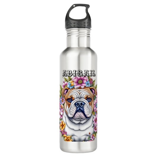 Personalisierte Bulldog und Whimsikäre Blume Edelstahlflasche (Vorderseite)