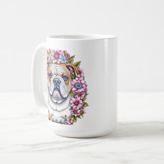 Personalisierte Bulldog und Whimsikäre Blume Kaffeetasse (Vorderseite Links)