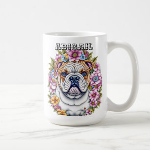 Personalisierte Bulldog und Whimsikäre Blume Kaffeetasse