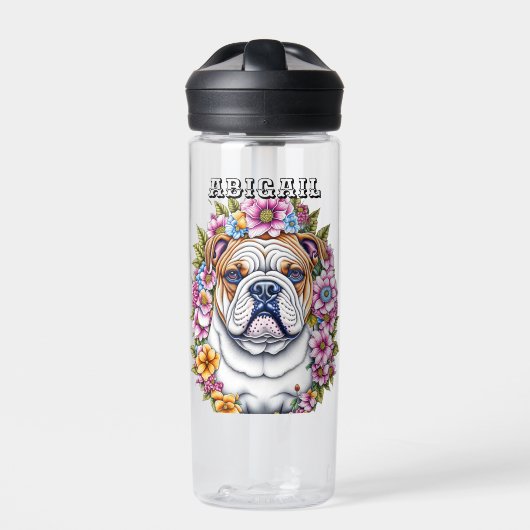 Personalisierte Bulldog und Whimsikäre Blume Trinkflasche (Vorderseite)