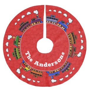 Personalisierte bunte Spielzeugeisenbahnen auf Rot Polyester Weihnachtsbaumdecke