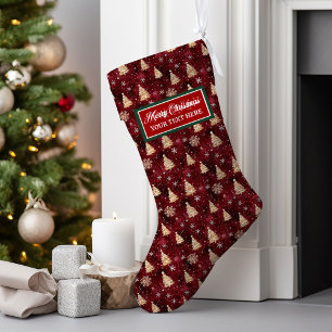 Personalisierte Burgund und Goldweihnachtsbäume Großer Weihnachtsstrumpf