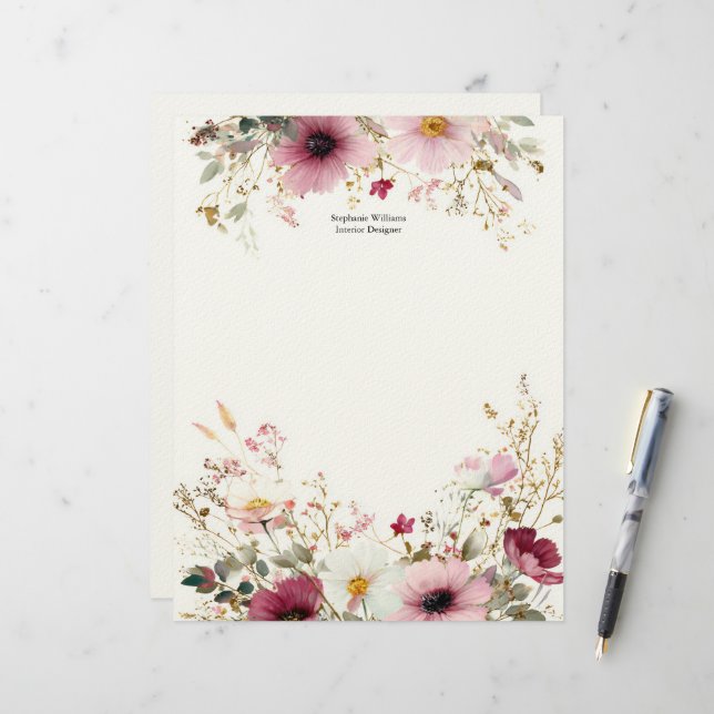 Personalisierte Burgunderrote Wilde Pink Wildblume Briefbogen (Vorderseite/Rückseite Beispiel)
