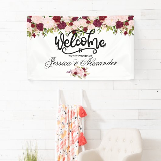 Personalisierte Burgundy Floral Wedding Banner (Insitu)