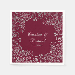 Personalisierte Burgundy Silver Gray Script Weddin Serviette