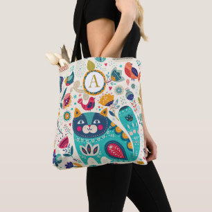 Personalisierte CAT Folk Art Decorative Vögel Blum Tasche