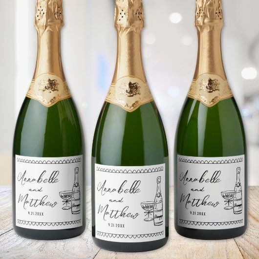 Personalisierte Champagner Hand Drawn Wedding Schaumweinetikett