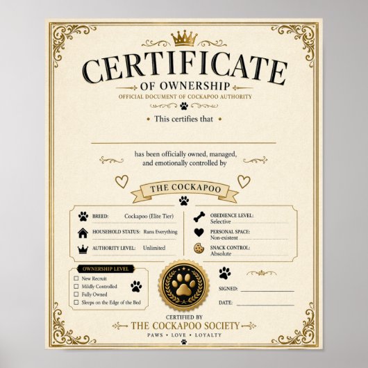 Personalisierte Cockapoo-Besitzerurkunde – Hundege Poster (Vorne)